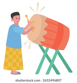 Cheerful cartoon illustration of a Muslim man enthusiastically playing a large traditional Bedug drum with drumsticks. Islamic Ramadan and Eid Al-Fitr vector illustration. 