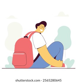 A cheerful cartoon illustration perfect for educational websites, blogs, or children's books. Depicts a student happily studying outdoors, surrounded by nature.