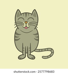 Cheerful cartoon illustration of a plump tabby cat with a big smile and closed eyes is simple and adorable. 