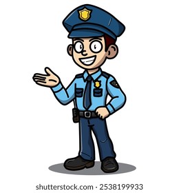 Ilustração animada alegre de um policial fardado, sorrindo e gesticulando com uma mão. Ideal para temas de segurança, aplicação da lei ou serviço comunitário com vibrações amigáveis.