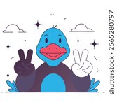A cheerful cartoon illustration of a smiling blue duck displaying a peace sign. Ideal for children's books, websites, branding, and projects needing a peaceful, 