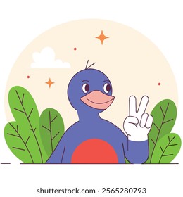 A cheerful cartoon illustration of a smiling blue duck displaying a peace sign. Perfect for children's books, websites, social media, or any project needing a peaceful and positive vibe.