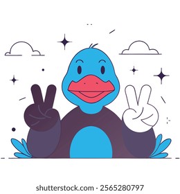 A cheerful cartoon illustration of a smiling blue duck displaying a peace sign. Ideal for children's books, websites, branding, and projects needing a peaceful, 