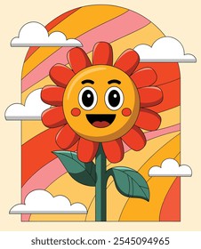 Cheerful cartoon illustration of a smiling flower character with red petals, set against a colorful, retro-inspired background with clouds and vibrant stripes.  
