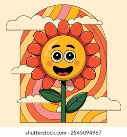 Cheerful cartoon illustration of a smiling flower character with red petals, set against a colorful, retro-inspired background with clouds and vibrant stripes.  
