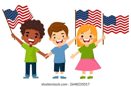 A cheerful cartoon illustration of three diverse children smiling and holding United States flags, celebrating Independence Day or patriotic events. Perfect for 4th of July, Memorial Day, Veterans Day