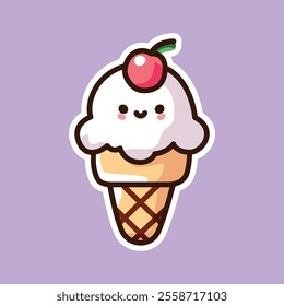 A cheerful cartoon illustration of a white ice cream cone with a smiling face and a cherry on top. The vibrant purple background adds a playful touch, perfect for dessert-themed designs.