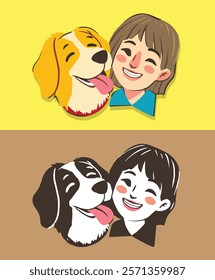 A cheerful cartoon illustration of a woman and her dog posing happily together, showcasing their strong bond. Perfect for dog lovers, veterinarians, and animal shelters. Isolated on yellow background