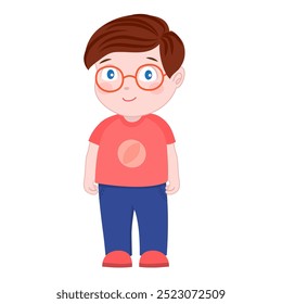 A cheerful cartoon illustration of a young boy with brown hair wearing round glasses, a red t-shirt, and blue pants.