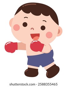 A cheerful cartoon illustration of a young boy dressed as a boxer. He is wearing boxing gloves, shorts, and boxing shoes, showing an energetic and playful stance.