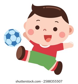 A cheerful cartoon illustration of a young boy kicking a soccer ball with excitement. Dressed in a red and green soccer uniform, this energetic child represents fun, sportsmanship, and physical activi