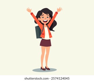 Cheerful cartoon illustration of a young girl with a backpack, wearing a skirt and jacket, raising her hands excitedly. Perfect for school, education, or happiness themes