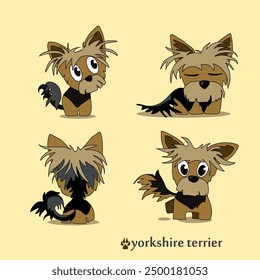 A cheerful cartoon image of a small dog of the Yorkshire terrier breed. Stylized puppy logo. Cute animal emotions.