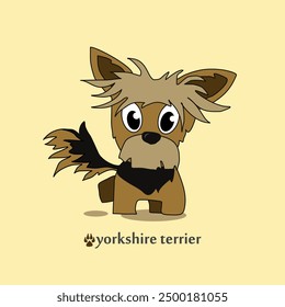 A cheerful cartoon image of a small dog of the Yorkshire terrier breed. Stylized puppy logo. Cute animal emotions.