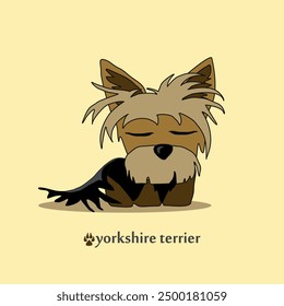 A cheerful cartoon image of a small dog of the Yorkshire terrier breed. Stylized puppy logo. Cute animal emotions.