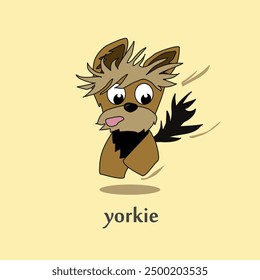 A cheerful cartoon image of a small dog of the Yorkshire terrier breed. Stylized puppy logo. Cute animal emotions.