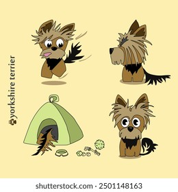 A cheerful cartoon image of a small dog of the Yorkshire terrier breed. Stylized puppy logo. Cute animal emotions.