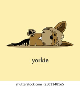 A cheerful cartoon image of a small dog of the Yorkshire terrier breed. Stylized puppy logo. Cute animal emotions.