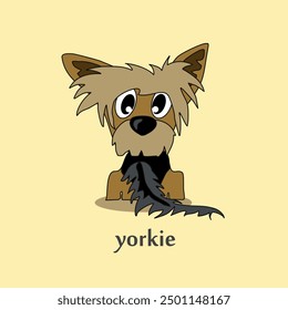 A cheerful cartoon image of a small dog of the Yorkshire terrier breed. Stylized puppy logo. Cute animal emotions.