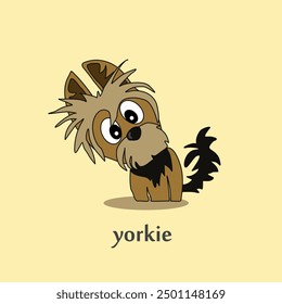 A cheerful cartoon image of a small dog of the Yorkshire terrier breed. Stylized puppy logo. Cute animal emotions.