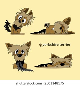 A cheerful cartoon image of a small dog of the Yorkshire terrier breed. Stylized puppy logo. Cute animal emotions.