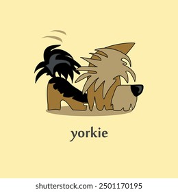 A cheerful cartoon image of a small dog of the Yorkshire terrier breed. Stylized puppy logo. Cute animal emotions.