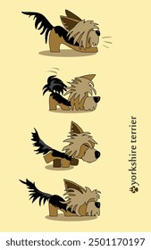 A cheerful cartoon image of a small dog of the Yorkshire terrier breed. Stylized puppy logo. Cute animal emotions.
