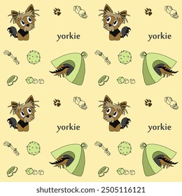 A cheerful cartoon image of a small dog of the Yorkshire terrier breed. Stylized puppy logo. Cute animal emotions.