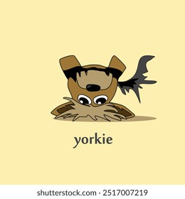 A cheerful cartoon image of a small dog of the Yorkshire terrier breed. Stylized puppy logo. Cute animal emotions.