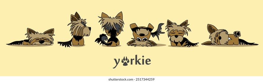 A cheerful cartoon image of a small dog of the Yorkshire terrier breed. Stylized puppy logo. Cute animal emotions.