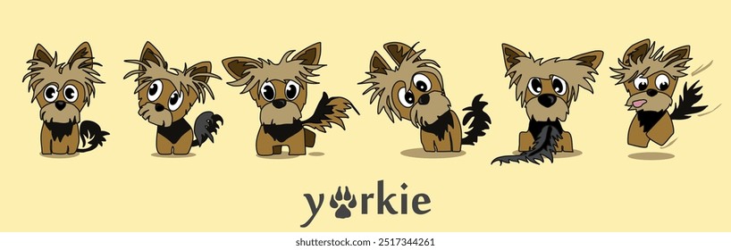 A cheerful cartoon image of a small dog of the Yorkshire terrier breed. Stylized puppy logo. Cute animal emotions.