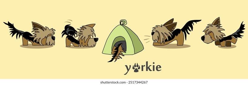 A cheerful cartoon image of a small dog of the Yorkshire terrier breed. Stylized puppy logo. Cute animal emotions.