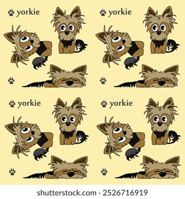 A cheerful cartoon image of a small dog of the Yorkshire terrier breed. Stylized puppy logo. Cute animal emotions.