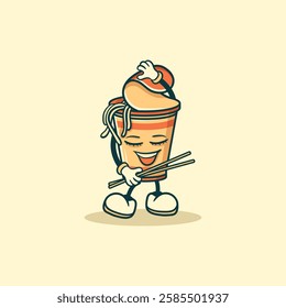 A cheerful cartoon instant noodle cup character holds chopsticks happily.