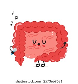 Cheerful cartoon Intestine character with a microphone, singing with music notes, on white background. Concept of digestive health