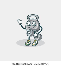 A cheerful cartoon kettlebell character waves while lifting weights symbolizing fitness and strength.