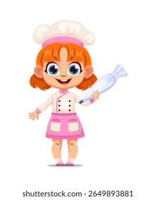 Chef menina de desenho animado alegre segurando um saco de tubulação, vestindo uniforme de assar rosa e branco e chapéu de toque. Vetor isolado criança cozinhar pastelaria, sobremesa e desfrutar de criação culinária e confeitaria