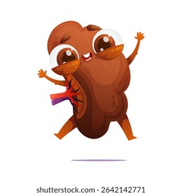 Cheerful cartoon kidney character jumping happily. Illustration showcases healthy organ in a fun, animated style, perfect for health education material.
