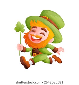 A cheerful cartoon leprechaun is joyfully running with a lucky fourleaf clover. This is a perfect image for Saint Patricks Day celebrations, full of happiness.
