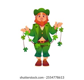 Cheerful cartoon leprechaun man character holding shamrocks garland, depicting traditional Irish folklore and culture. Isolated vector St Patrick Day personage conveying luck, celebration or festivity