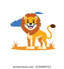 A cheerful cartoon lion standing in a grassy area under a blue sky with clouds.