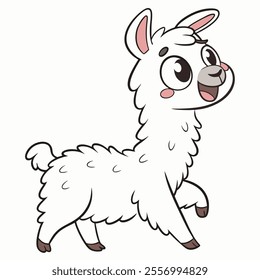 A cheerful cartoon llama with a fluffy white coat, happily walking.