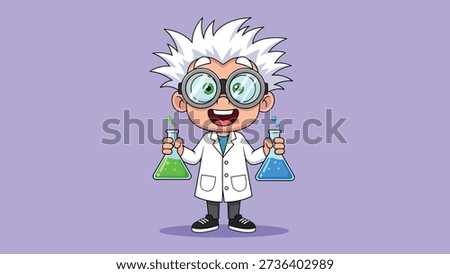 A cheerful cartoon mad scientist with wild hair and glasses holds two beakers filled with green and blue liquids, ready for an experiment.