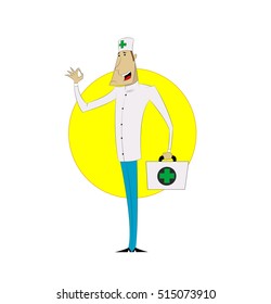 Cheerful cartoon male doctor. Vector illustration of a smiling doctor with medical case.