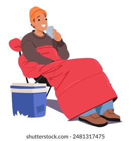 Cheerful Cartoon Man Character Sits In A Sleeping Bag, Enjoying A Drink. He Is Wearing A Beanie And Has A Cooler Beside Him, Embodying The Spirit Of Outdoor Leisure And Relaxation. Vector Illustration