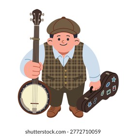 A cheerful cartoon man in a flat cap and vest holds a banjo and its case.