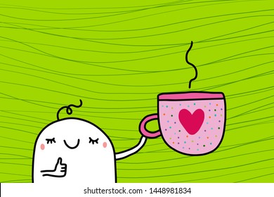 Cheerful cartoon man holding very big cup of hot coffee hand drawn vector illustration on textured green background minimalism