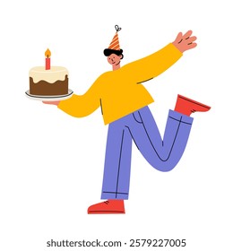 Cheerful cartoon of a man in a party hat holding a birthday cake with a lit candle. Perfect for greeting cards, party invitations, and celebration-themed designs.