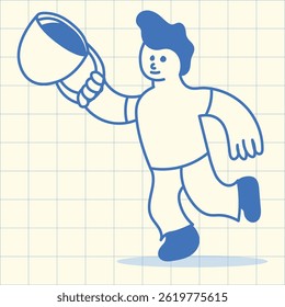 Cheerful cartoon man running with an oversized coffee cup illustration, graphic elements for advertising, branding, posters and banners, funny cartoon illustration with character and mascot