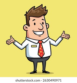 A cheerful cartoon man in a white shirt and red polka dot tie, smiling with open arms.